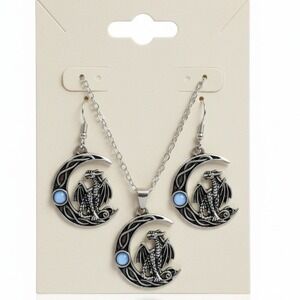 Dragon Moon Necklace Earrings Set Silver Tone Fantasy Gothic Celestial Jewelry‎